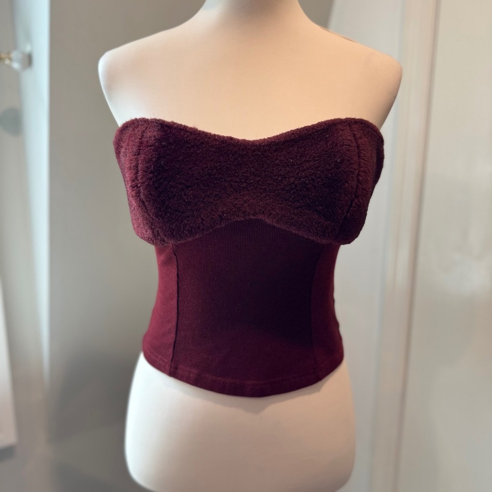 Heren Online Burgundy Fuzzy Bustier Tube Top Mixed Texture Strapless | Size S